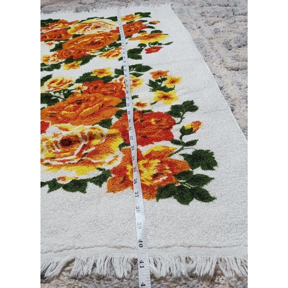 Vintage Bath Towel Set of 2 Gold Orange Brown Green Colors Flowers Retro Fringe - Picture 10 of 10